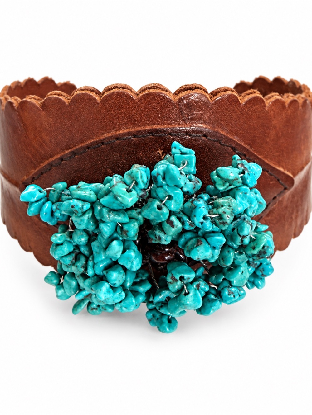 Turquoise Cluster Brown Leather Adjustable Cuff Bracelet